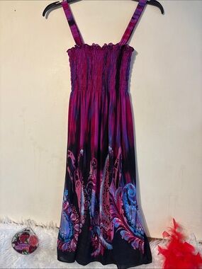 Smocked Midi Dress in Magenta & Black with Paisley Accent